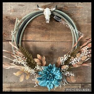 Rustic Wreath with Blue Flower Accent